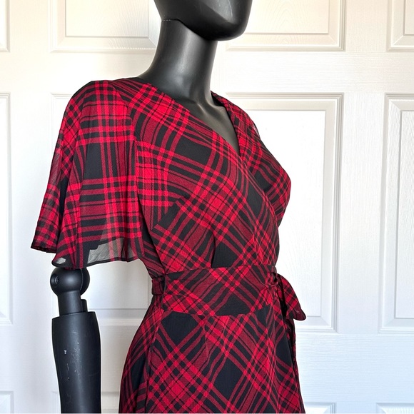 Ralph Lauren red plaid chiffon dress belted flatter short sleeve size 2 - Picture 10 of 14